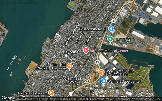 Aerial map of the Bayonne, NJ peninsula