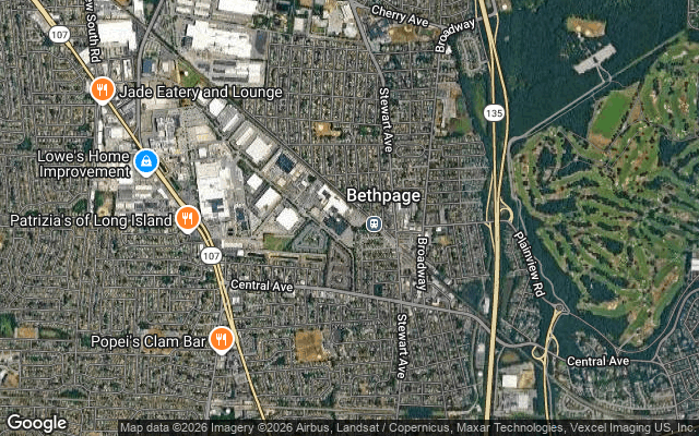 Aerial view of Bethpage NY between the state park and the LIRR line