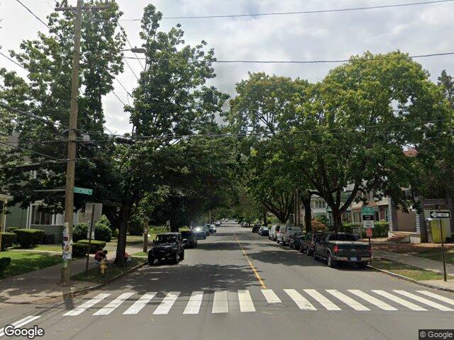 Tree lined Orange Street in the East Rock neighborhood of New Haven, CT